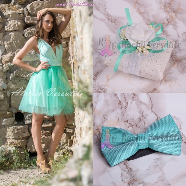 Pachet Rochie Versatila Tulle Menta [ Include Papion si Bratara ]