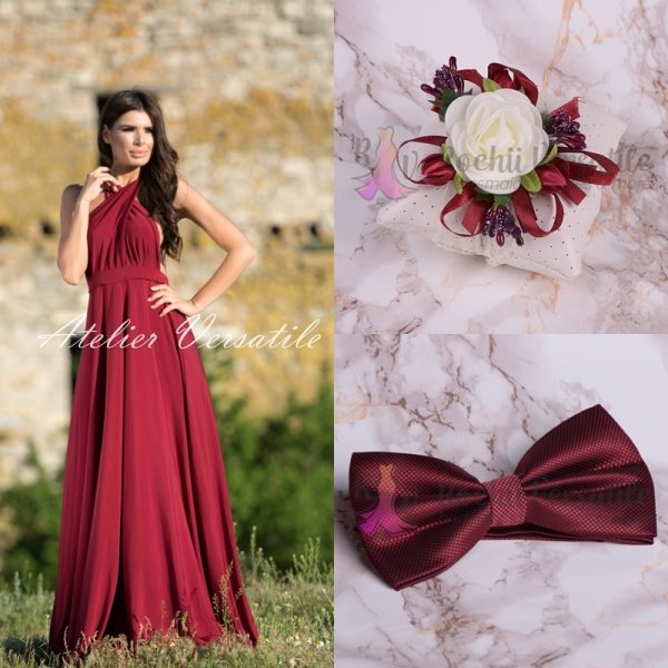 Pachet Rochie Versatila Bordo [ Include Papion si Bratara ]