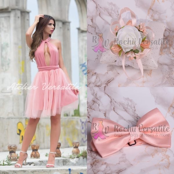 Pachet Rochie Versatila Tulle Piersica [ Include Papion si Bratara ]