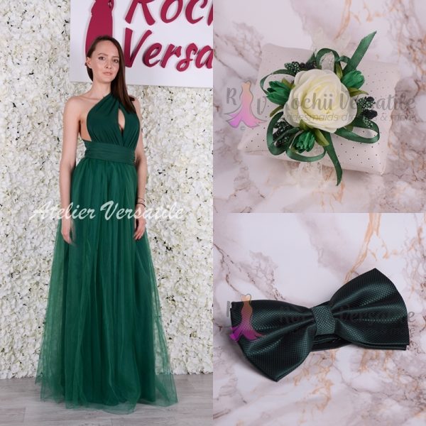 Pachet Rochie Versatila Tulle Verde [ Include Papion si Bratara ]