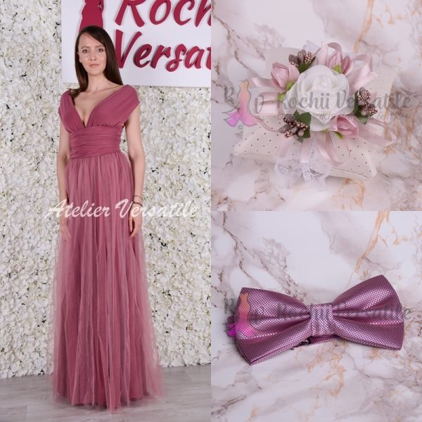 Pachet Rochie Versatila Tulle Roz Prafuit Intens [ Include Papion si Bratara ]