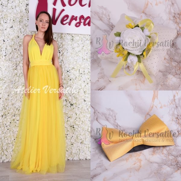 Pachet Rochie Versatila Tulle Galben [ Include Papion si Bratara ]