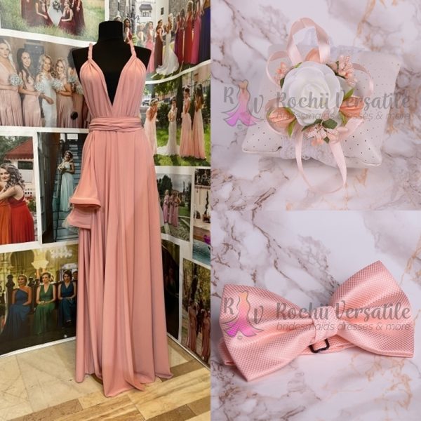 Pachet Rochie Versatila Glossy Piersica [ Include Papion si Bratara ]